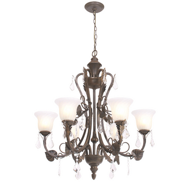 Metal Chandelier with Fluted Alabaster Glass and Crystal Drops